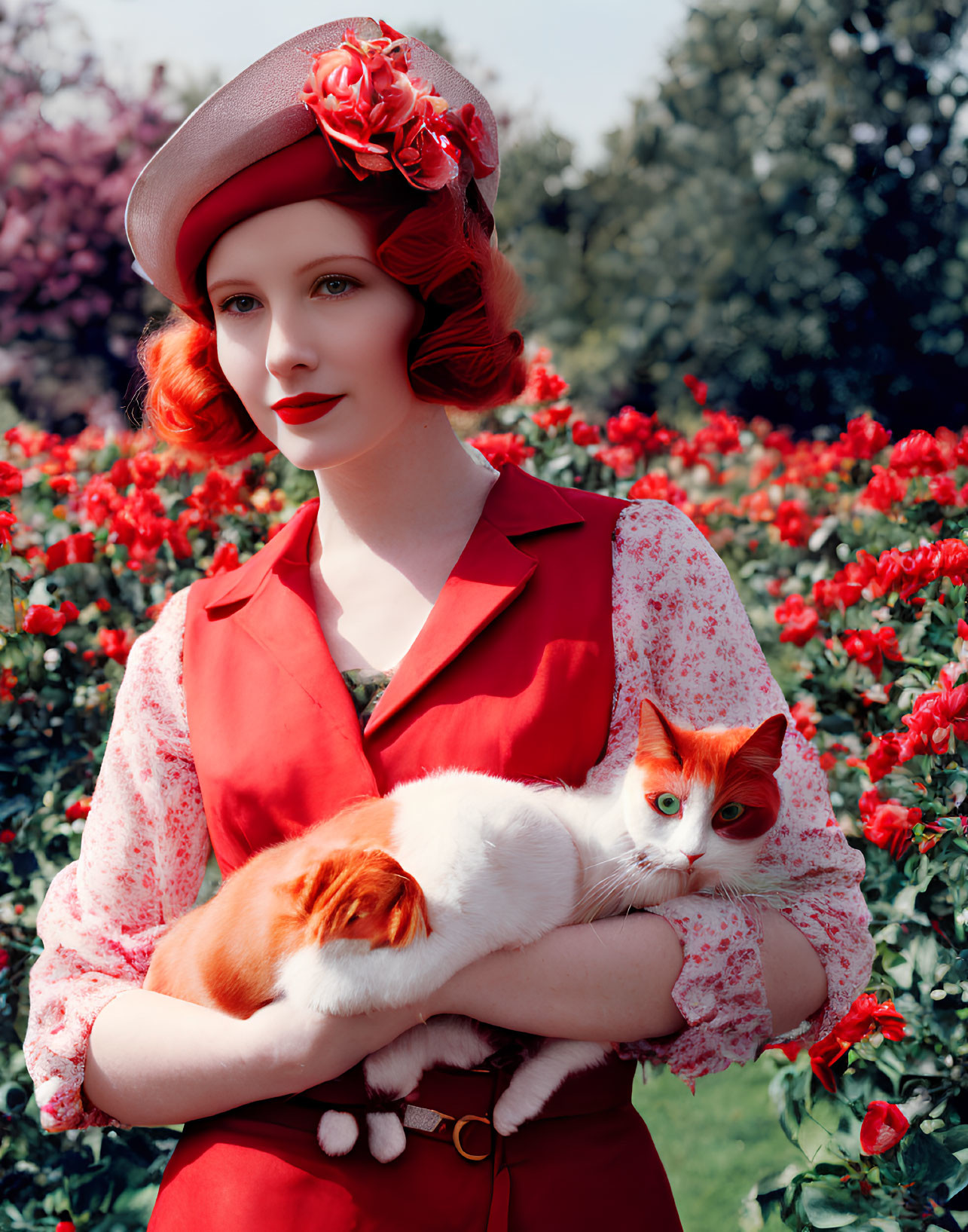 Red-haired woman in hat and outfit holding white and ginger cat in garden with red roses