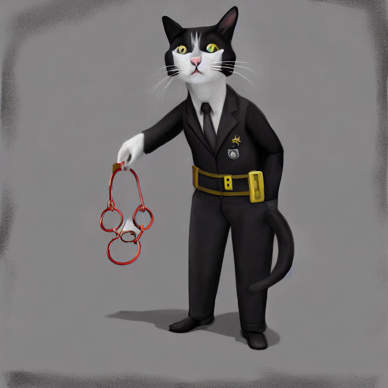 Black and White Cat Police Officer with Red Handcuffs