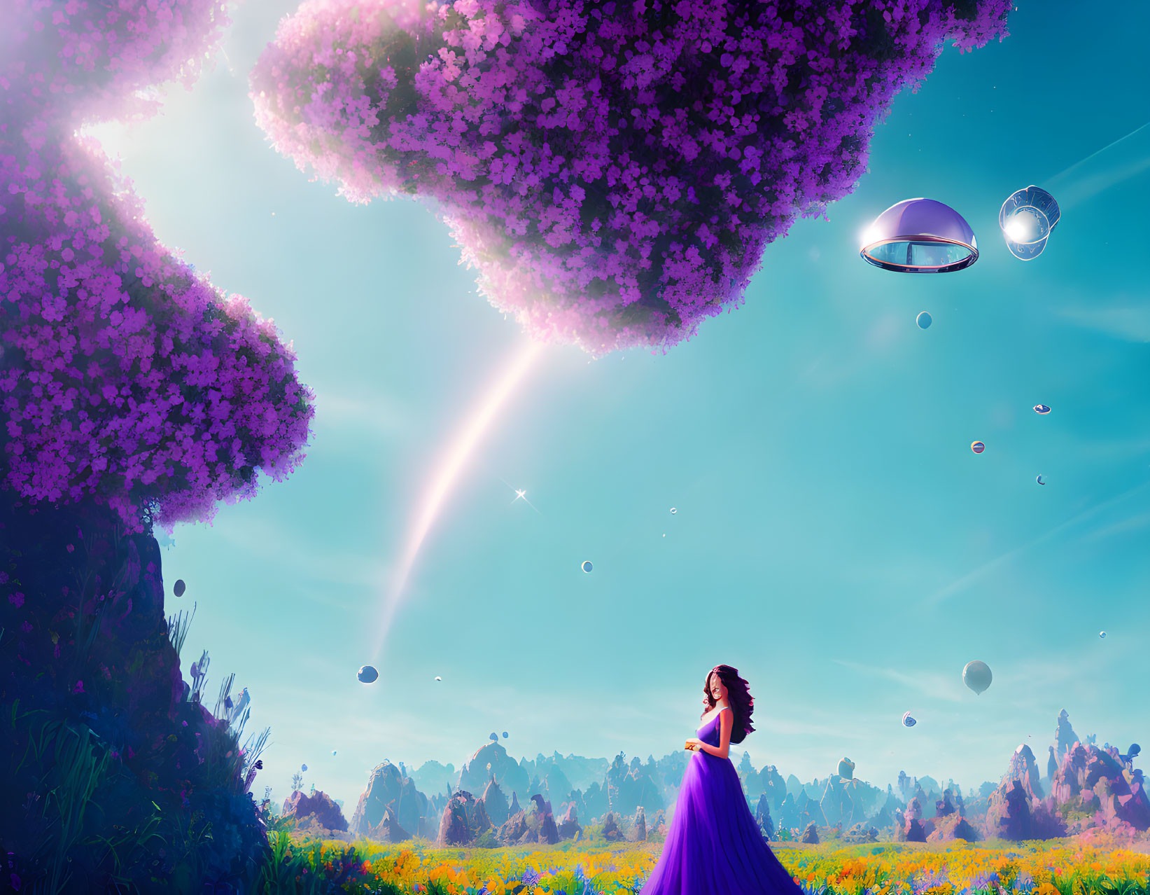 Woman in Purple Dress Stands in Vibrant Field with Fantastical Sky