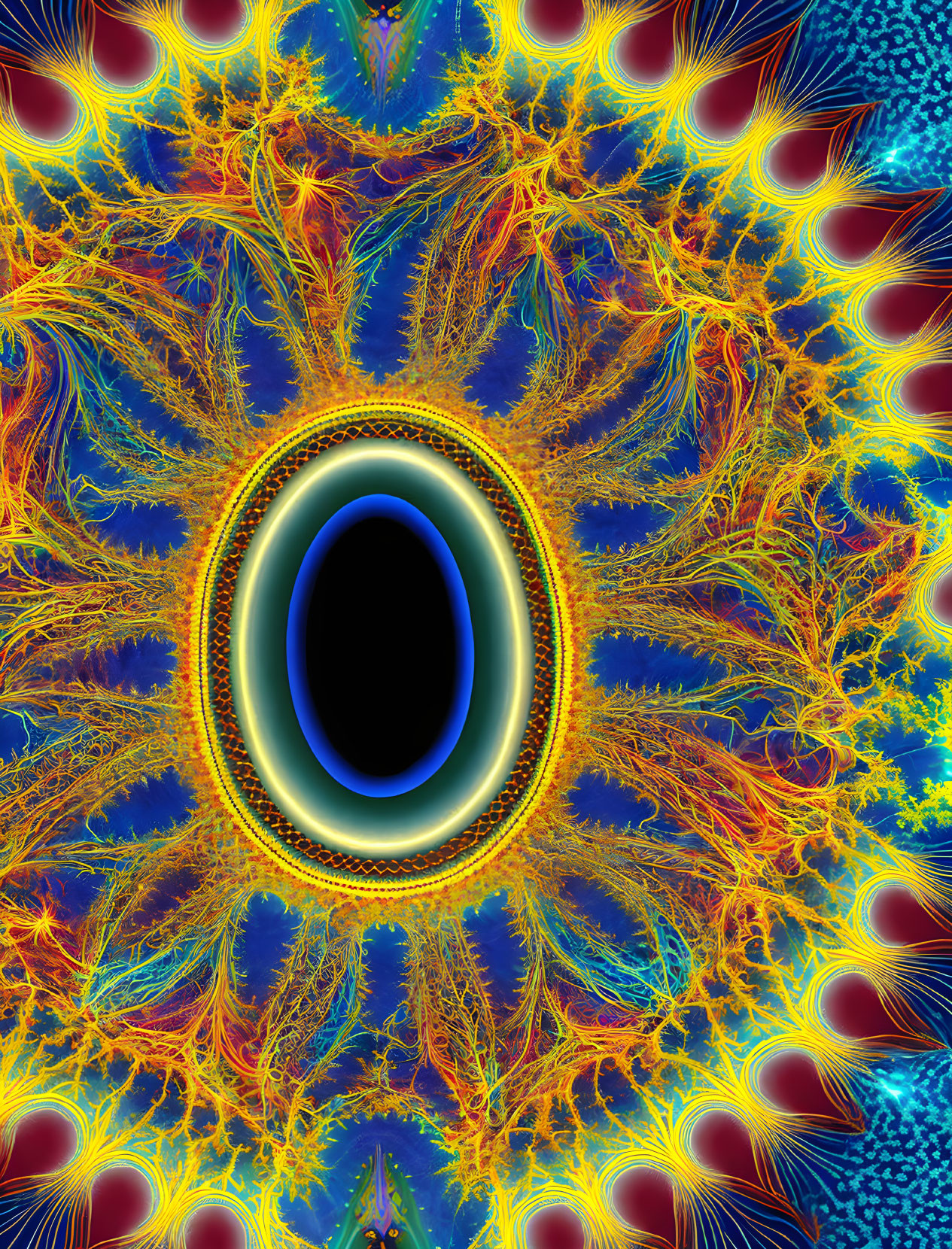 Colorful Fractal Art: Dark Oval Surrounded by Fiery Blue, Yellow, and Orange Patterns