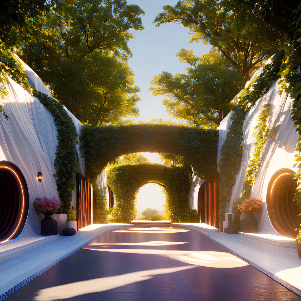 Tree-lined Pathway with Sunlit Canopy, Waterfalls, and Circular Doorways