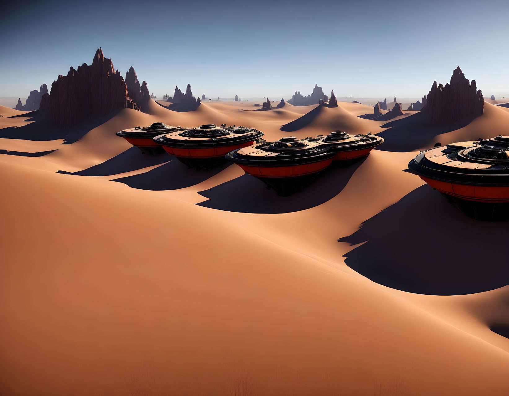 Multiple UFOs land in desert with smooth dunes and jagged rock formations