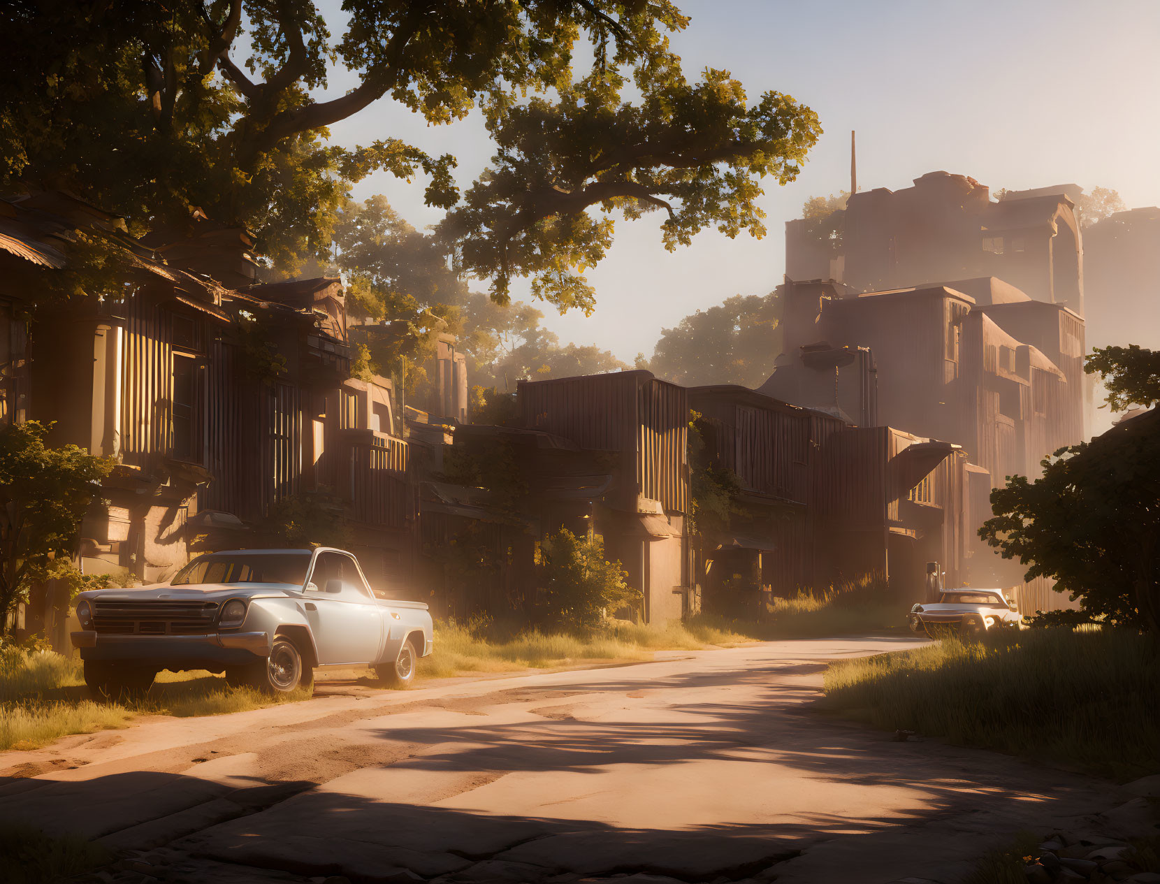 Vintage vehicles and abandoned buildings in a rustic street at sunrise.