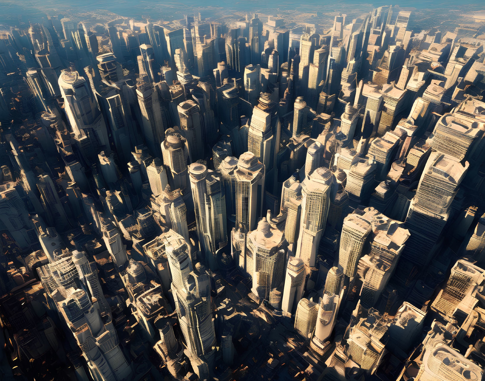 Urban skyline with golden sunlight and skyscrapers casting long shadows