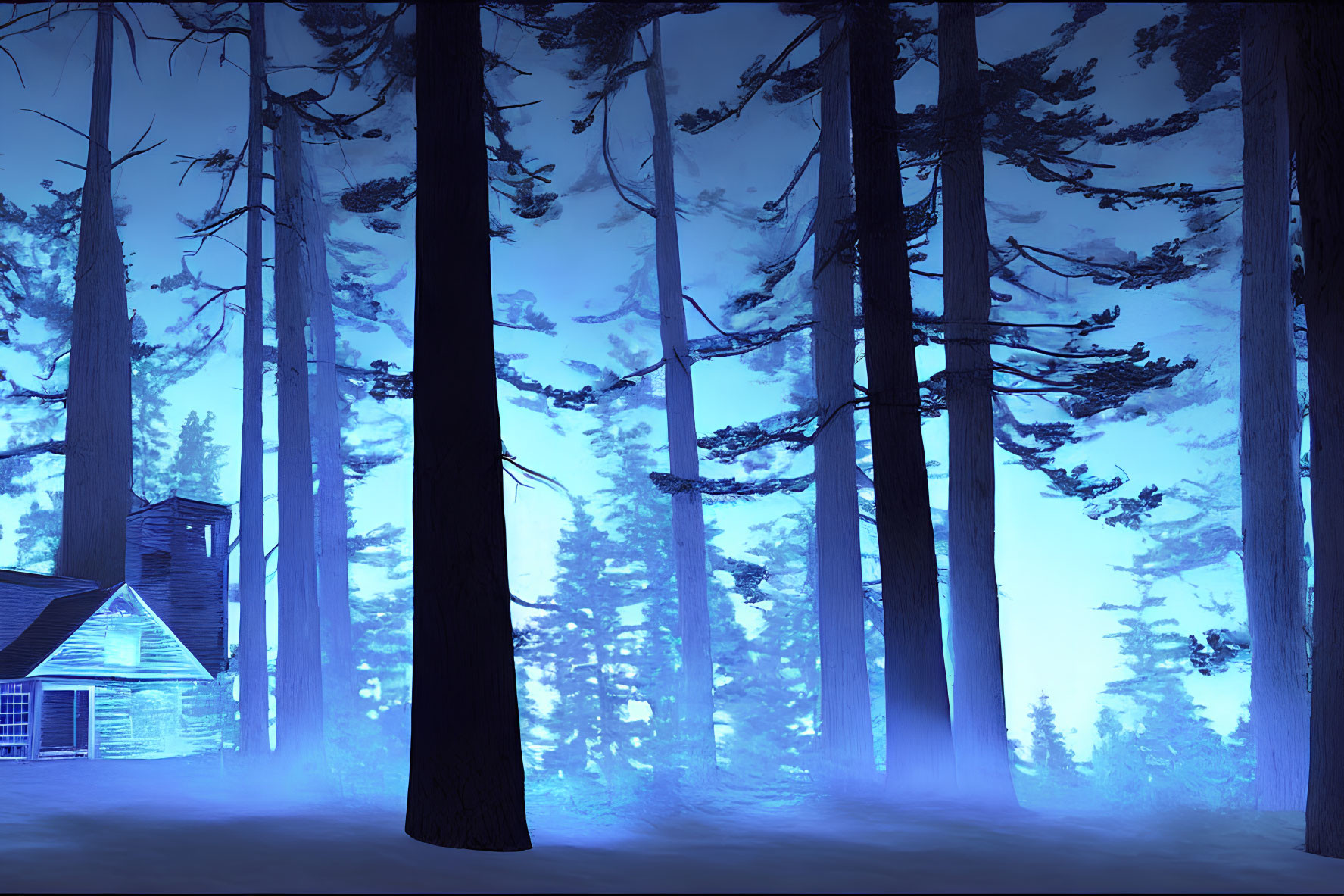 Misty Blue Forest with Tall Trees and Small Cabin