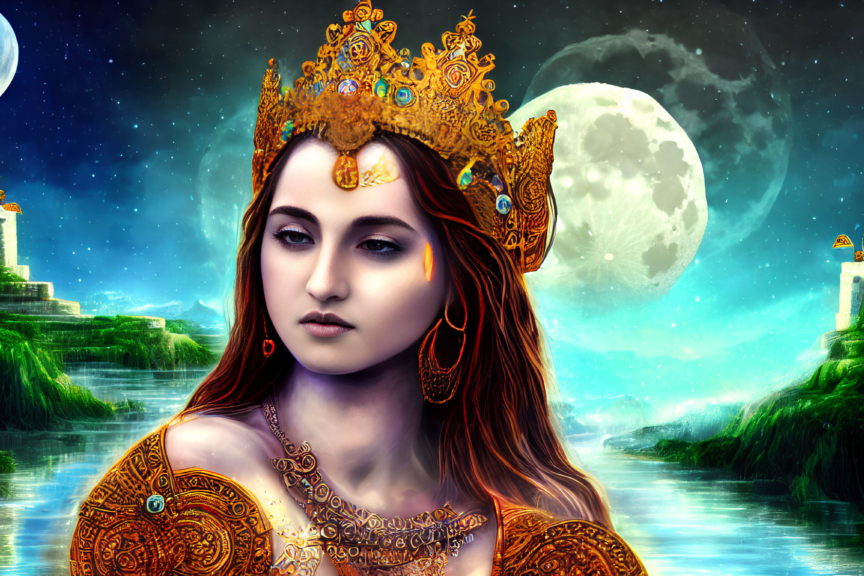 Detailed illustration of a woman with golden crown and earrings in fantasy setting