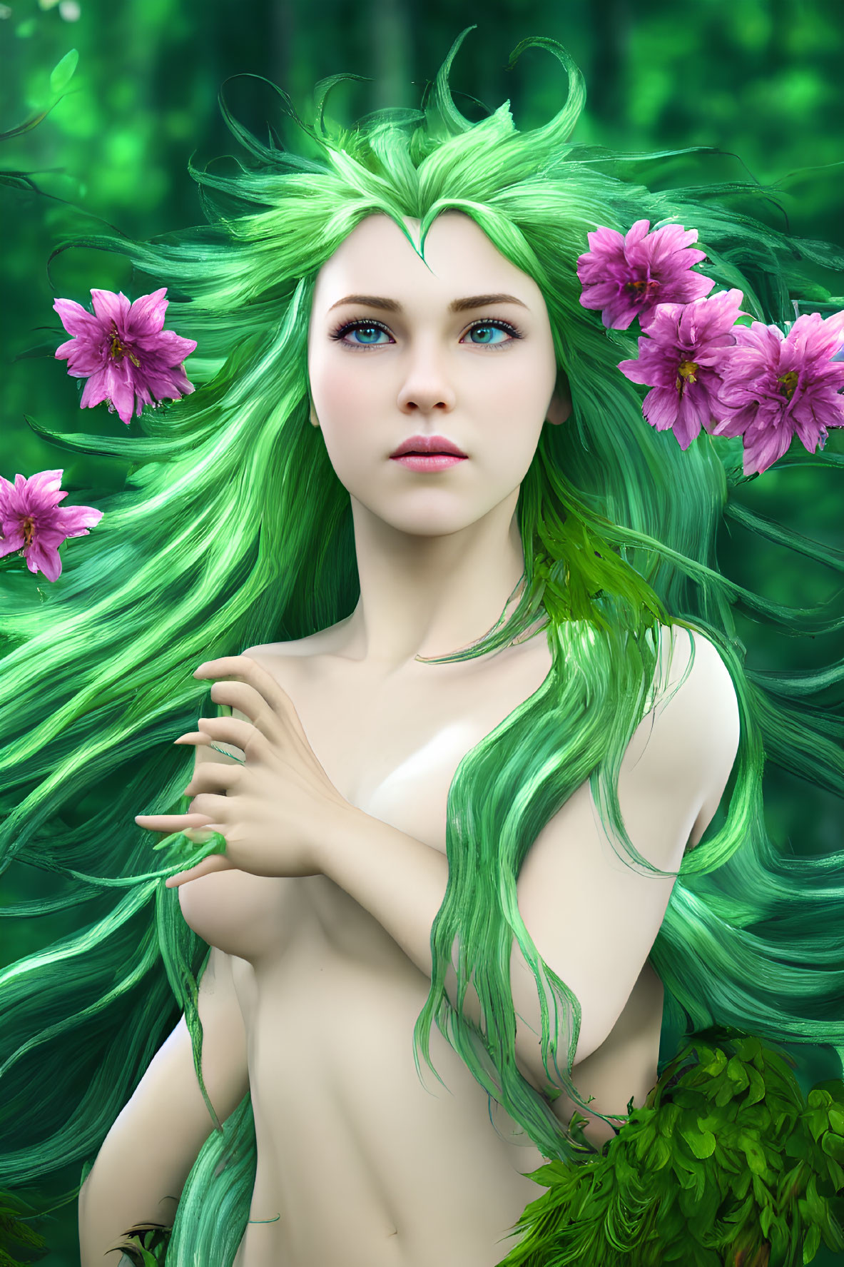 Vibrant green hair, pink flowers, blue eyes, foliage on figure in lush setting