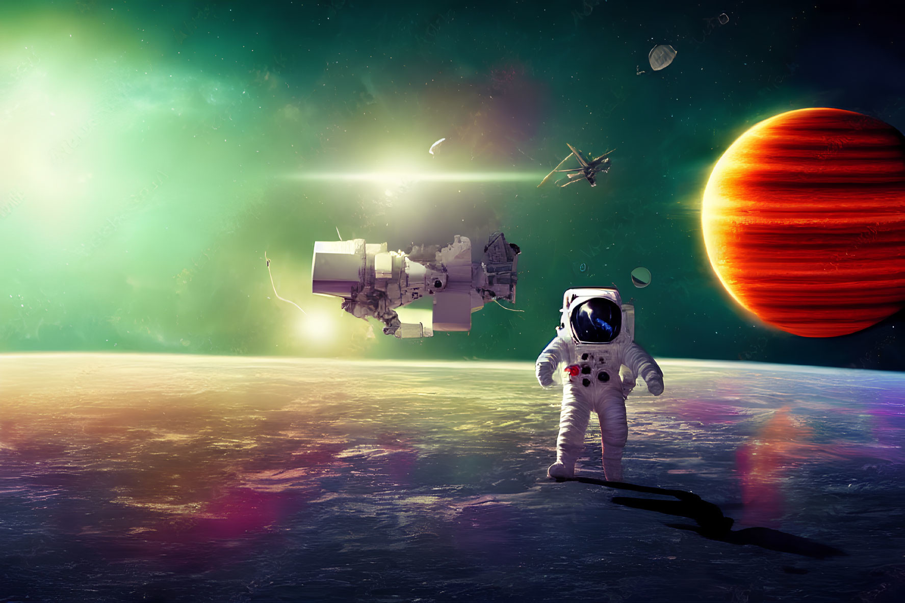 Astronaut on rocky alien surface with red planet and space debris in starry green sky