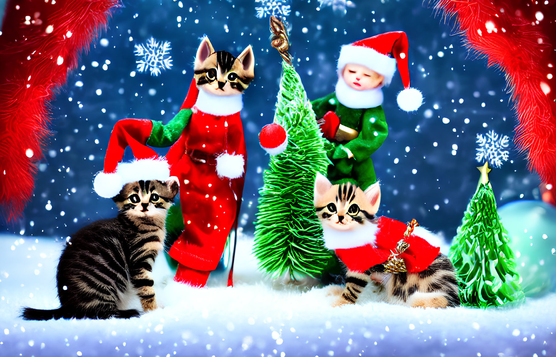 Four Christmas-themed kittens in snowy setting with decorations and Santa-like attire.