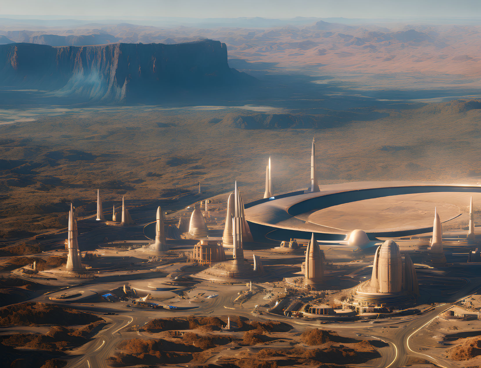 Futuristic cityscape with sleek towers and domes in desert landscape