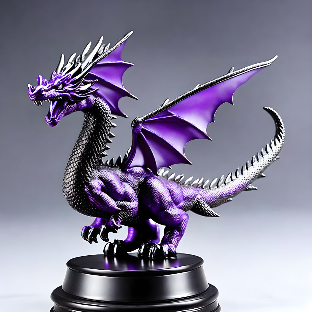 Purple Dragon Figurine with Silver Accents on Black Stand