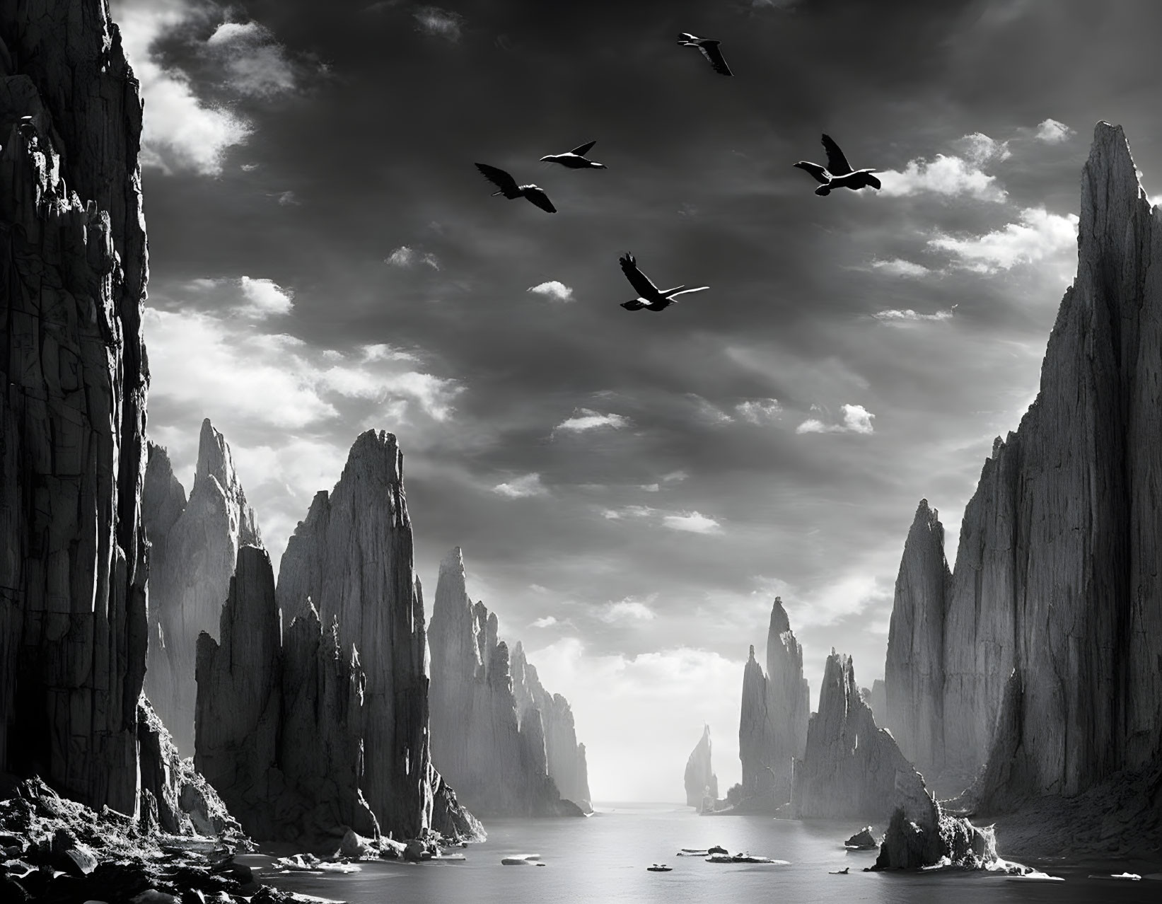 Majestic black and white landscape with rock formations, water, and birds