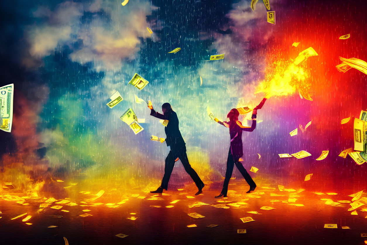 Two individuals tossing money under stormy sky with falling banknotes