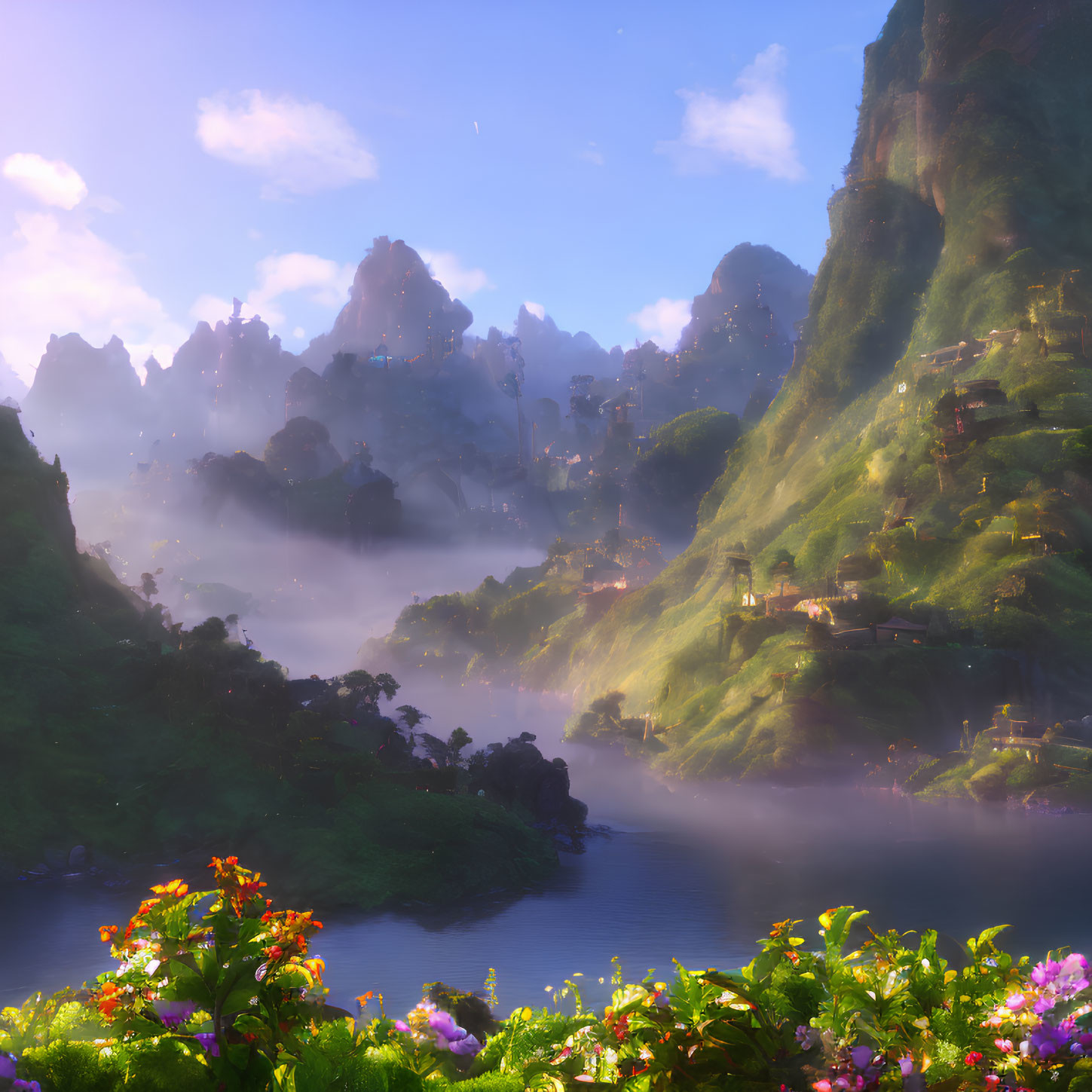 Misty mountains, winding river, lush greenery in serene fantasy landscape