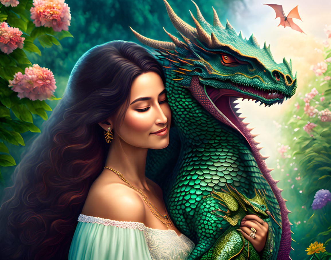 Woman with Long Hair and Green Dragon in Floral Setting