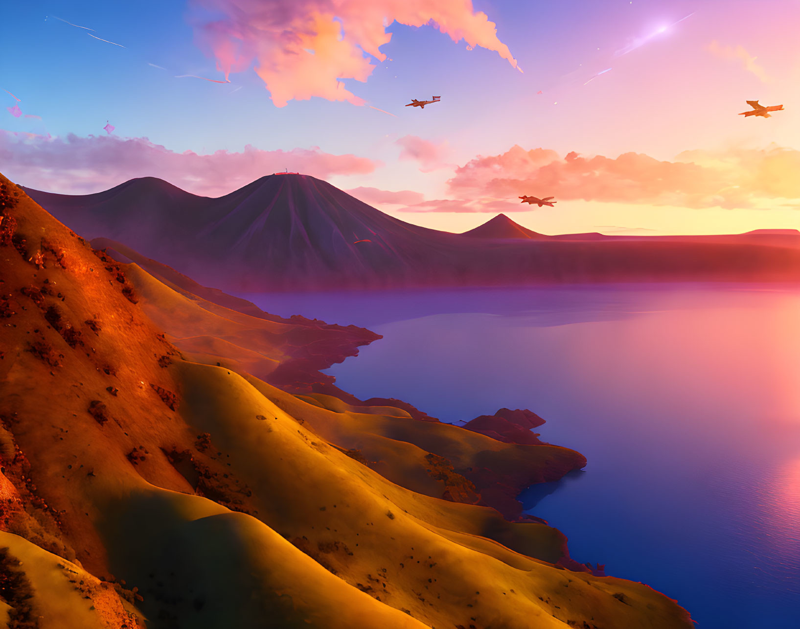 Scenic sunrise landscape with volcano, lake, hills, and aircrafts