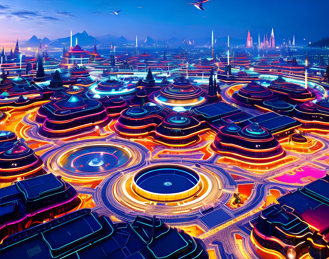 Futuristic cityscape with neon-lit circular structures at dusk