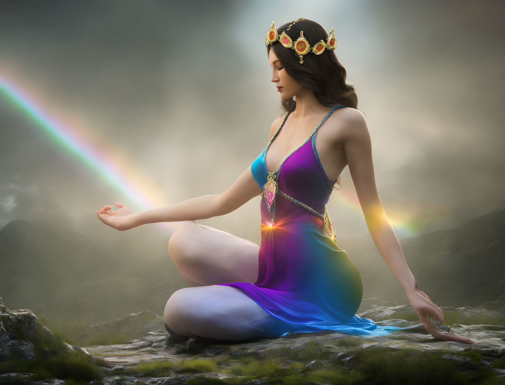 Serene woman in colorful outfit meditates on rocky terrain