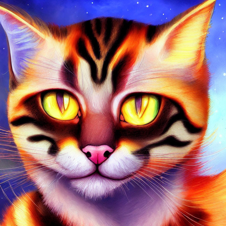 Detailed close-up illustration of a cat with yellow eyes, orange and black fur on blue background