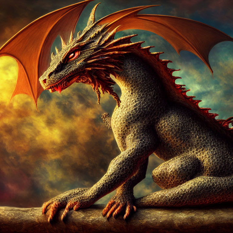 Majestic dragon with red eyes on rock under dramatic sunset sky