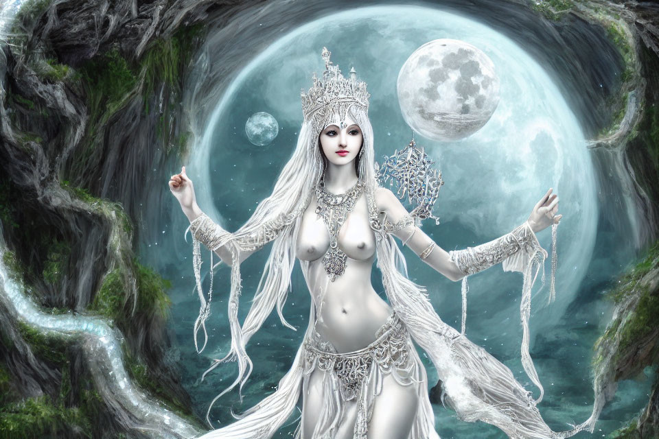 Silver-haired woman adorned with intricate jewelry in front of moonlit forest.