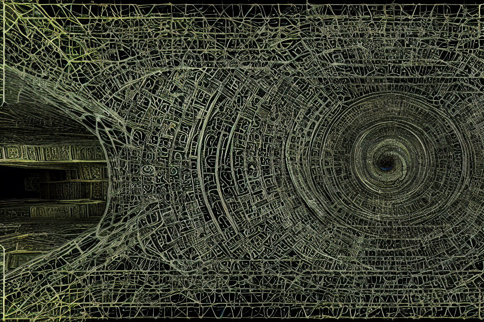 Abstract digital artwork: Intricate geometric tunnel illusion