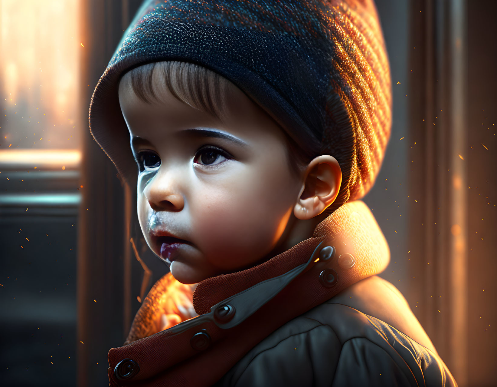 Child in knitted hat and winter coat gazes thoughtfully in warm light