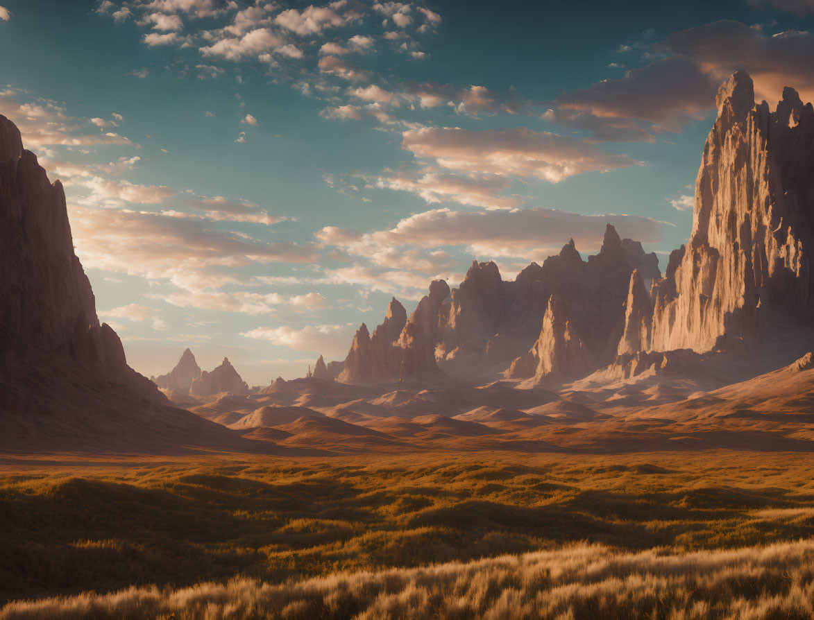 Golden fields and dramatic mountains under moody sky