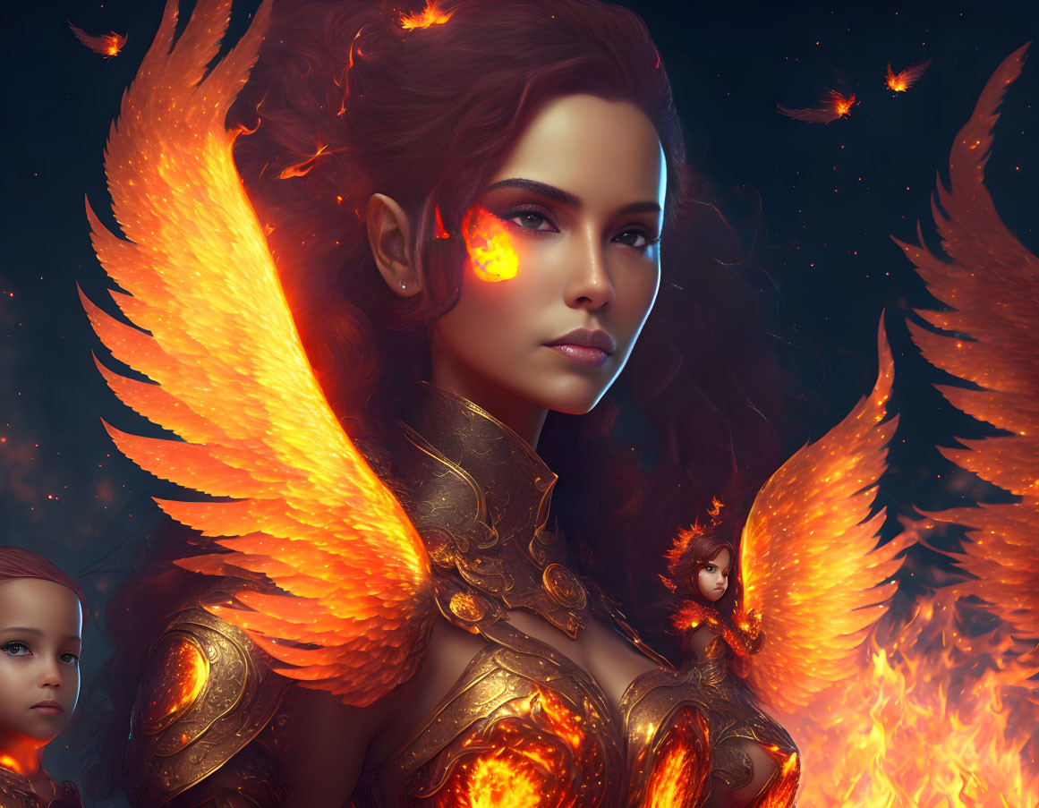 Digital Artwork: Woman with Fiery Wings and Golden Armor in Flames