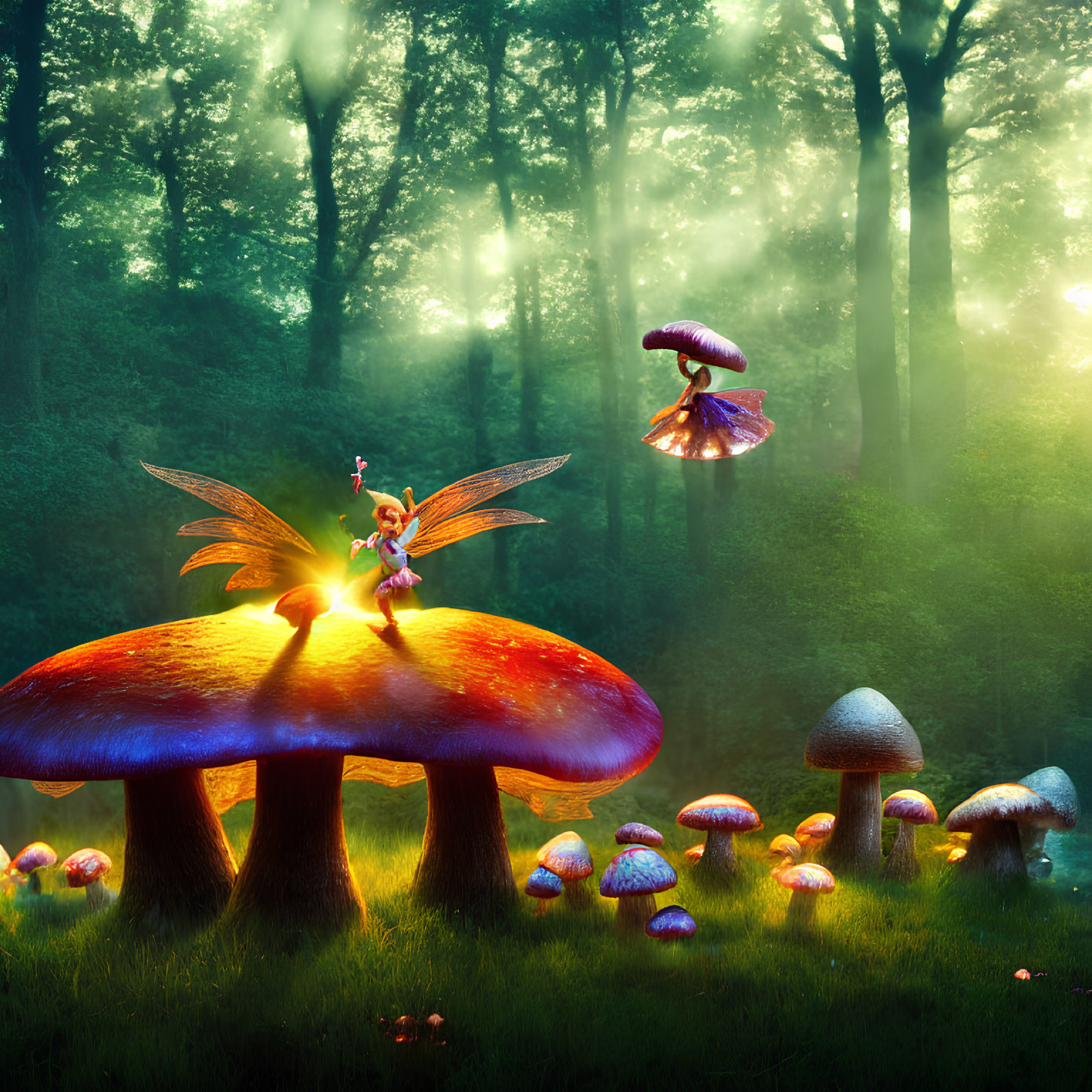 Enchanting forest with oversized mushrooms and fairy in sunlight