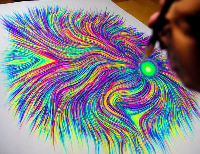 Colorful abstract hand-drawn swirls on white paper with a pen