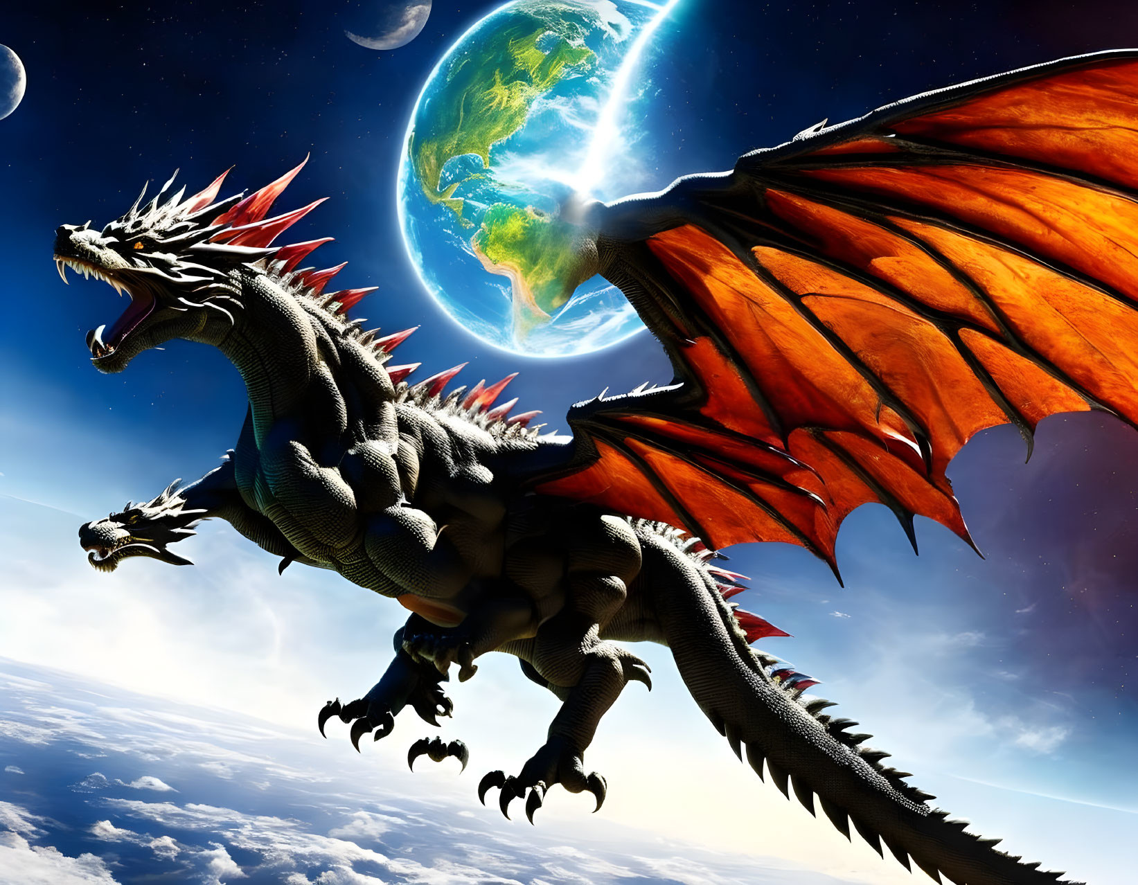 Black dragon with red wings and sharp spines flying in space with planet and stars.