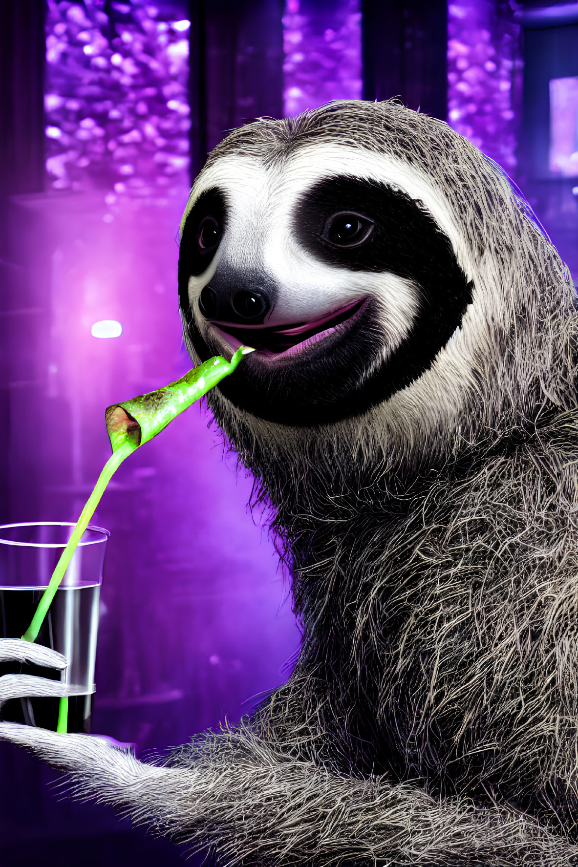 Sloth with human-like features drinking on purple background