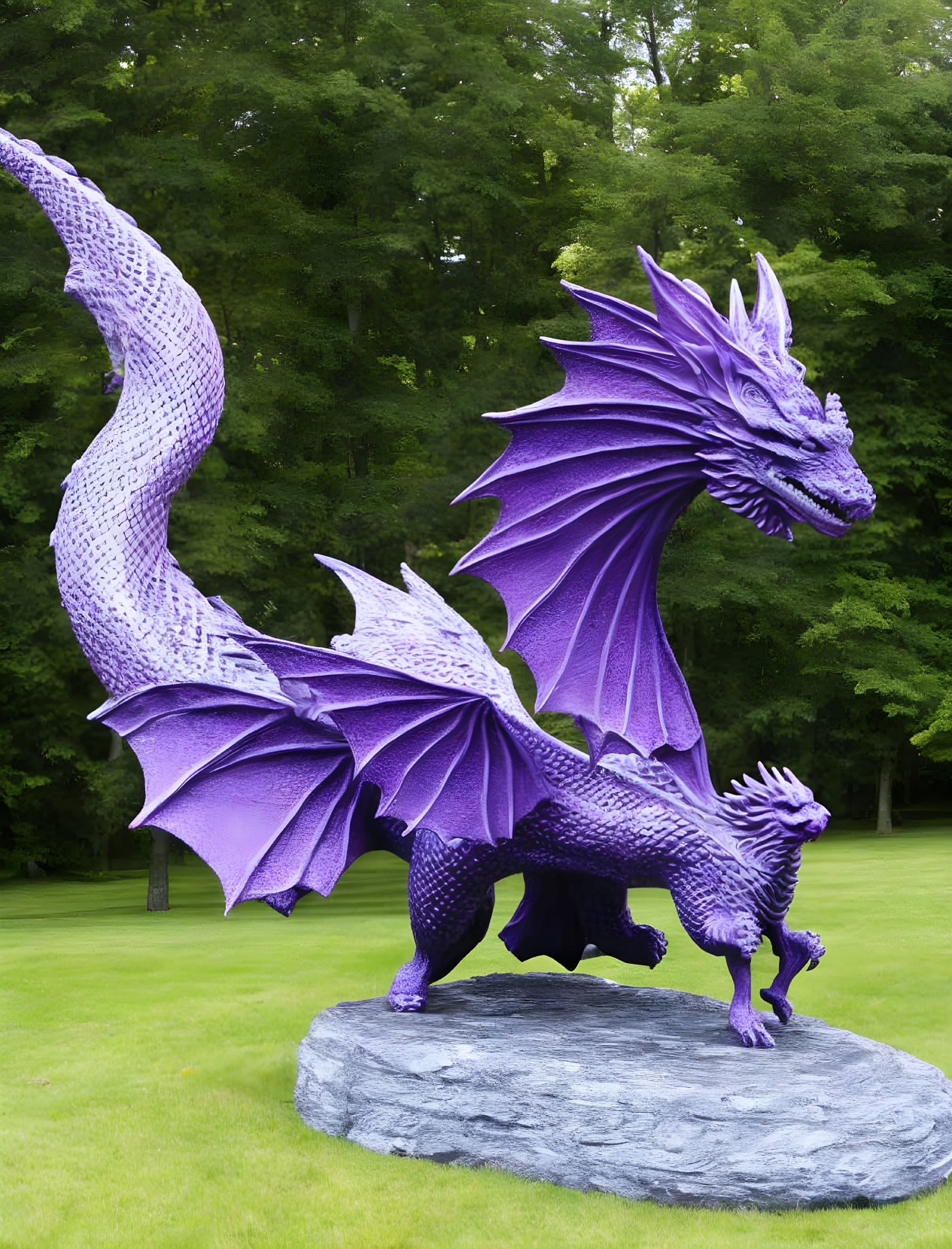 Purple dragon sculpture with intricate scales and large wings on rock base amid greenery