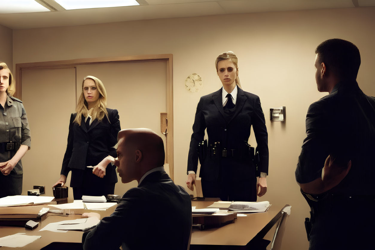 Two women in dark uniforms handing paper to bald man in office setting