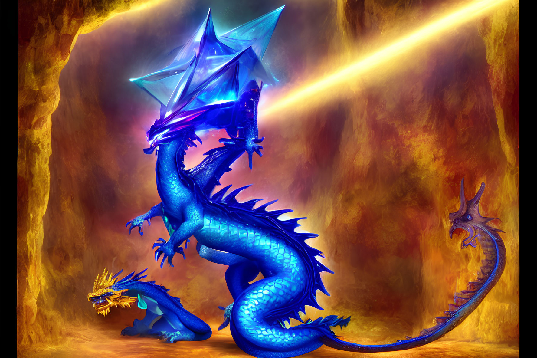 Blue-scaled dragon breathing golden fire in fiery cavern