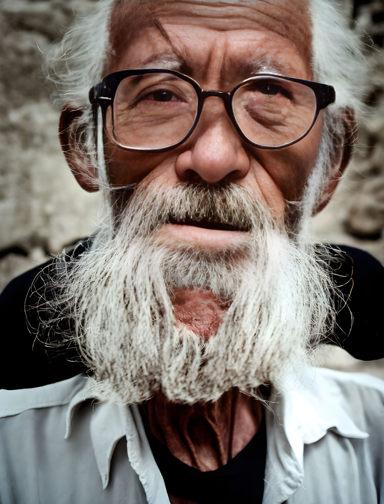 Elderly man with white beard and glasses in close-up portrait.