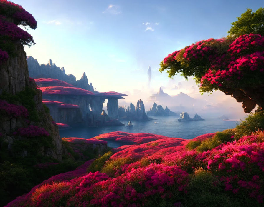 Vibrant pink flowering plants in serene fantasy landscape