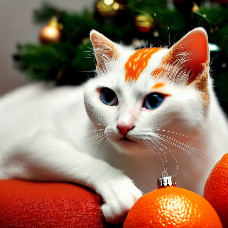 White Cat with Orange Spots Relaxing Near Oranges and Christmas Tree