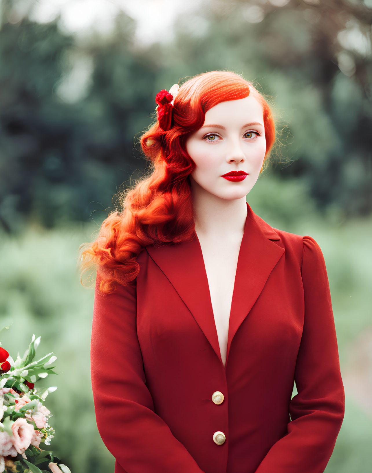 Vibrant red-haired woman in waves, red blazer, holding flowers