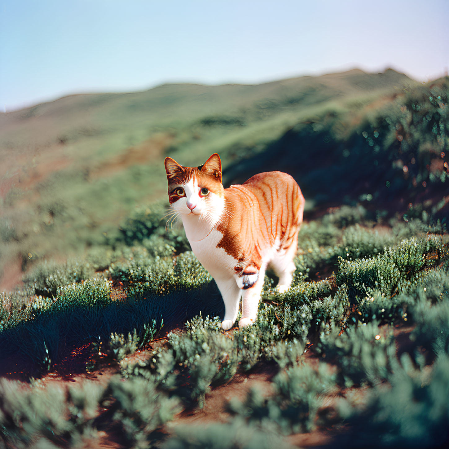 White and Ginger Cat in Lush Greenery on Hilltop