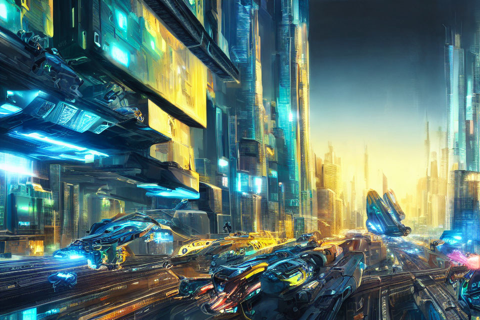 Futuristic cityscape with skyscrapers and flying cars at twilight