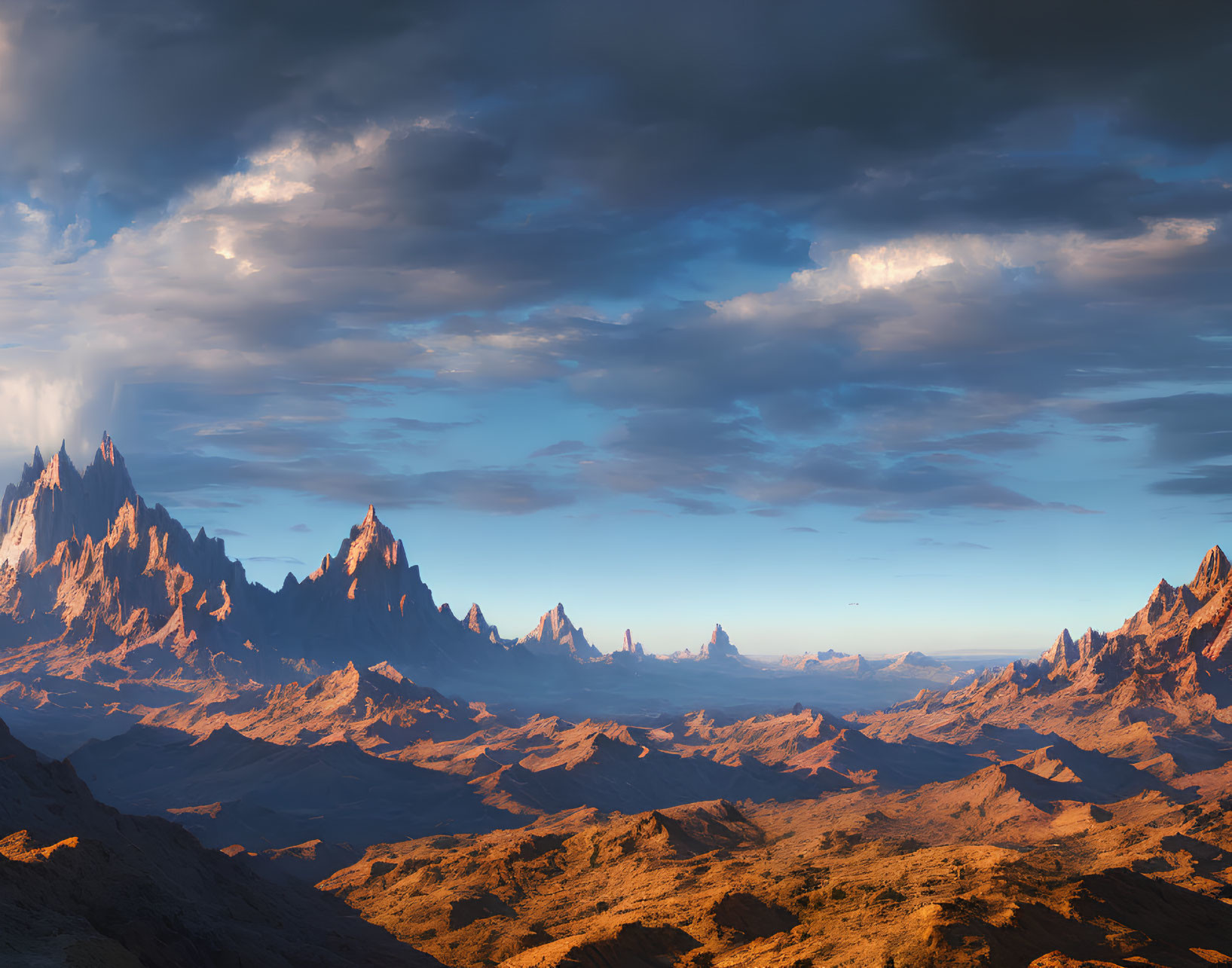 Rugged Mountains Landscape at Sunset under Blue Sky