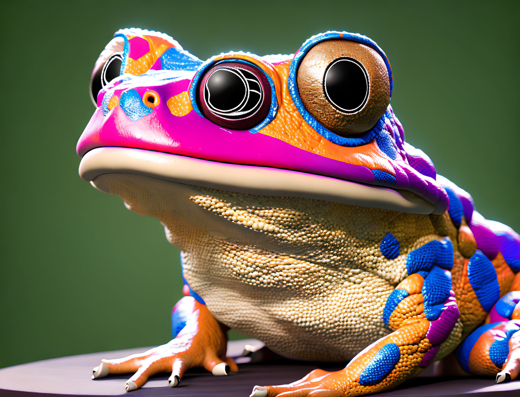 Vibrant 3D frog illustration with colorful patterns on dark surface