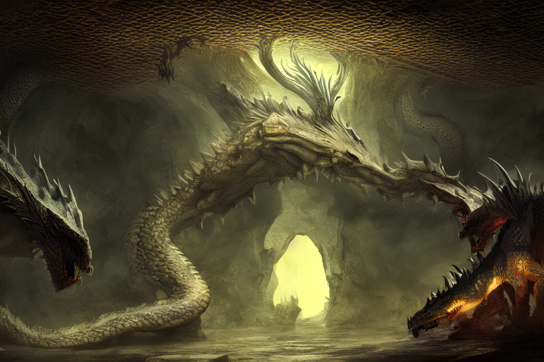 Illustration: Three dragons in dimly lit cavern with fire-breathing dragon and glowing entrance