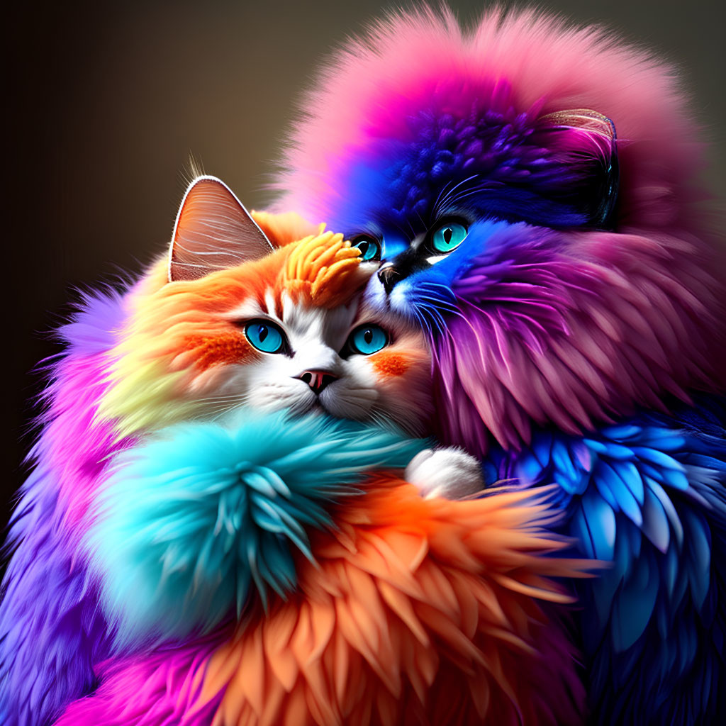 Colorful Cats Cuddled Together in Vibrant Hues