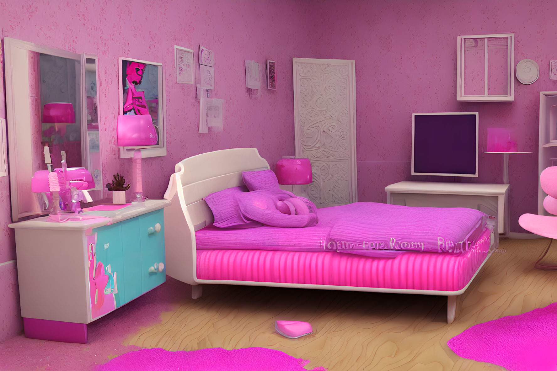 Pink-themed Bedroom with Bed, Dresser, TV, and Girly Decor