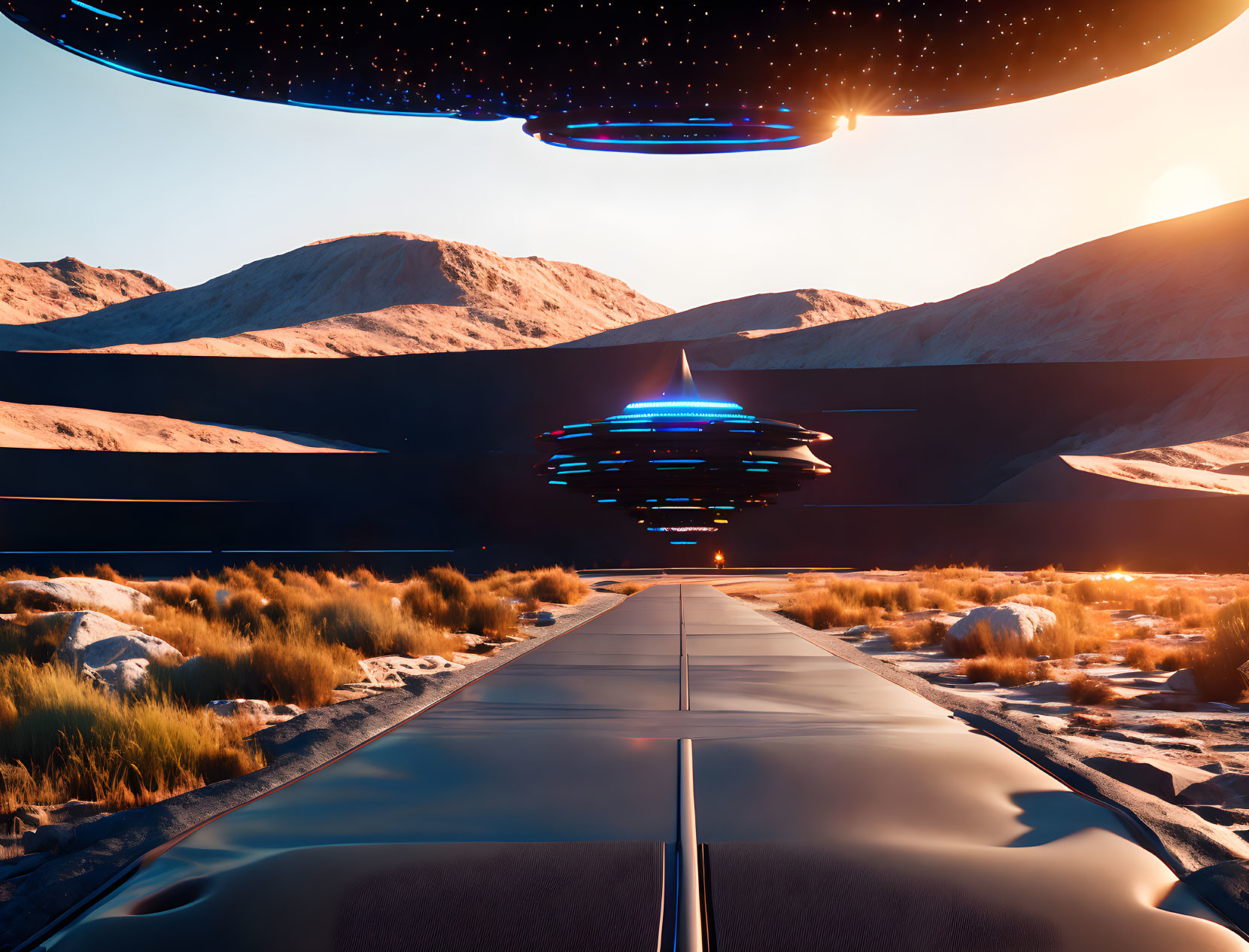 Futuristic spaceship above desert landscape at sunset