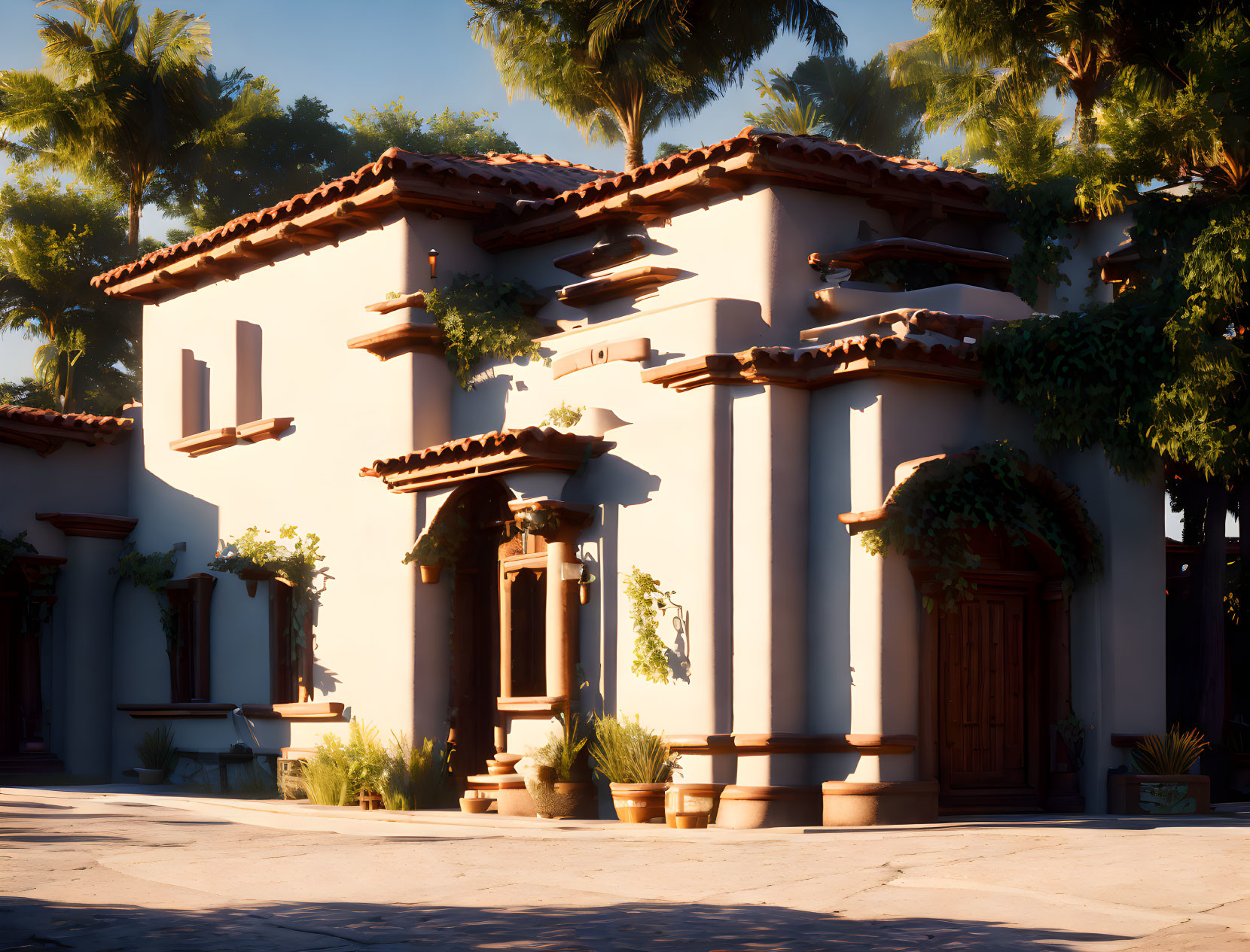 Spanish-Style Villa with Terracotta Roofs and Palm Trees