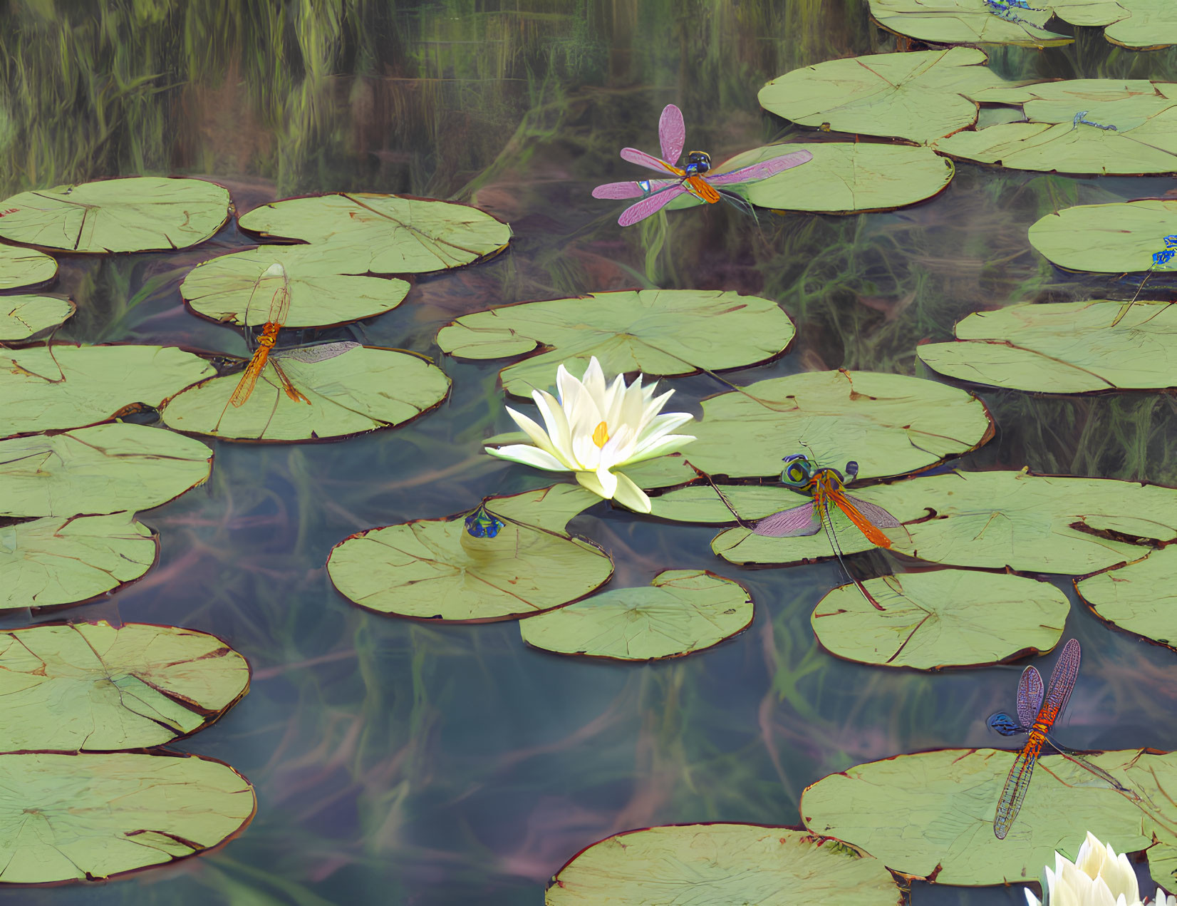 Tranquil pond with green lily pads, white lotus, and dragonflies